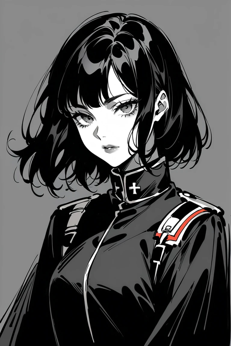 (Best quality, sketch:1.2),realistic,illustrator,anime,1 girl, detailed lips, black clothes, military, medic,custom, (dark monochrome background), dark hair,Textured trim, masterpiece, retro classic style, dark black, Art, sketch book, (black bob hair:1.75 neon:1.32), bad women , Dark Shadows 