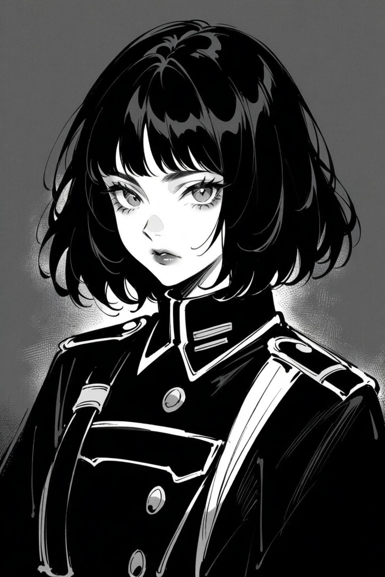 (Best quality, sketch:1.2),realistic,illustrator,anime,1 girl, detailed lips, black clothes, military, medic,custom, (dark monochrome background), dark hair,Textured trim, masterpiece, retro classic style, dark black, Art, sketch book, (black bob hair:1.75 neon:1.32), bad women , Dark Shadows