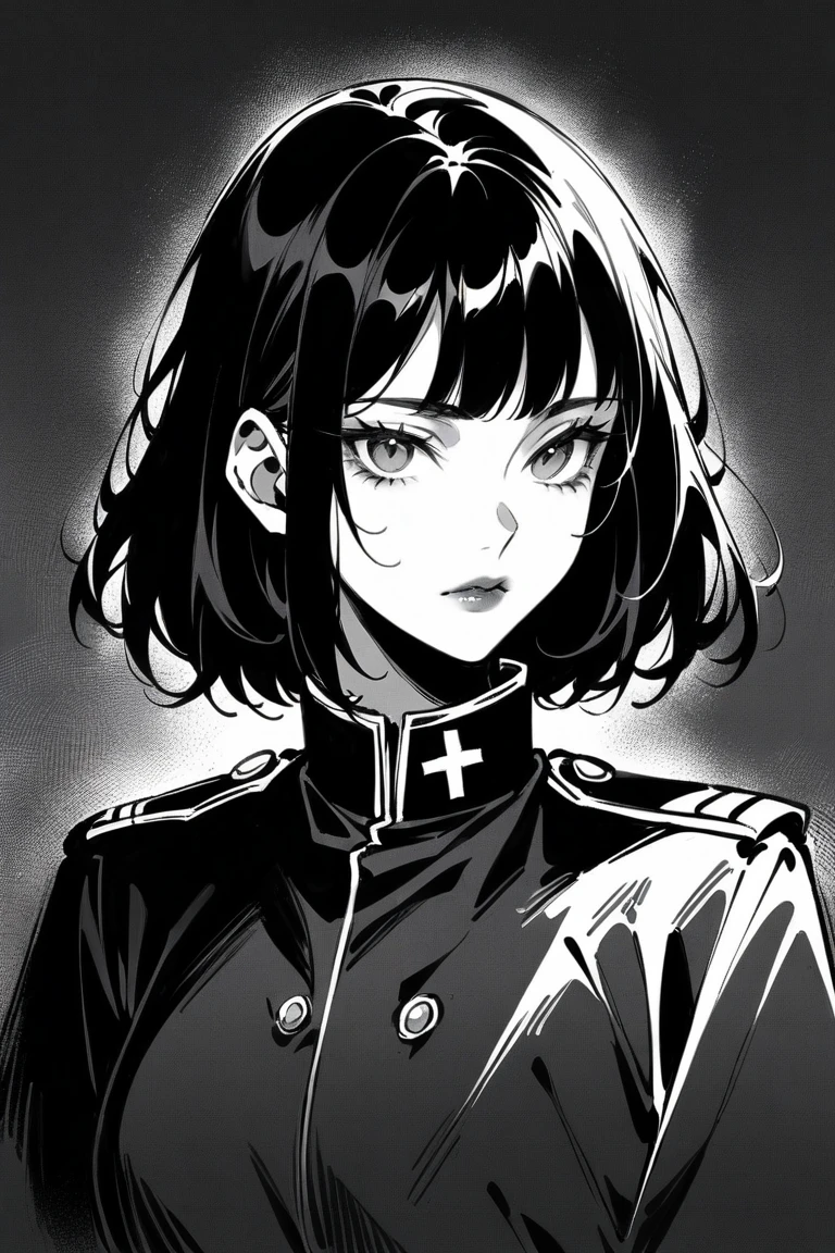 (Best quality, sketch:1.2),realistic,illustrator,anime,1 girl, detailed lips, black clothes, military, medic,custom, (dark monochrome background), dark hair,Textured trim, masterpiece, retro classic style, dark black, Art, sketch book, (black bob hair:1.75 neon:1.32), bad women , Dark Shadows 