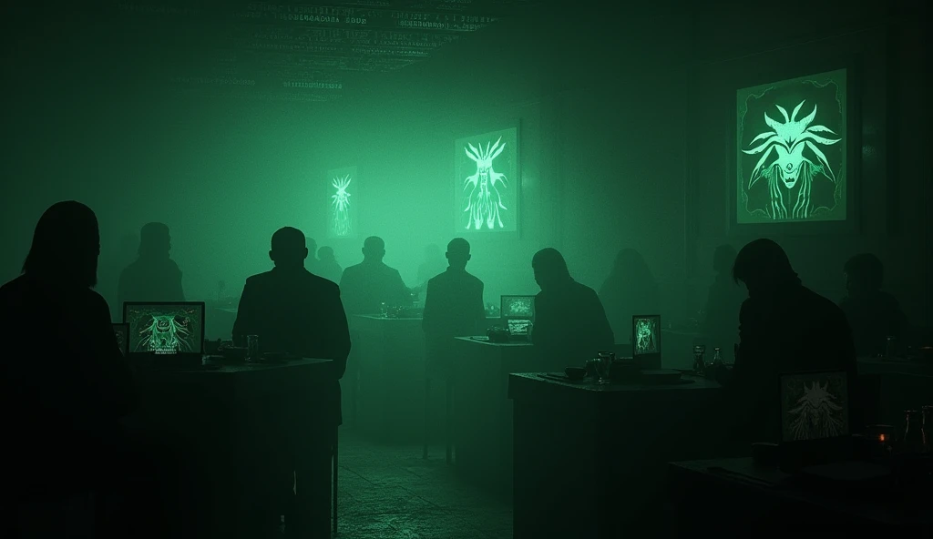 Cannibal Cafe Representation: A disturbing and shadowy digital space within the dark web. The image depicts a virtual environment that feels eerie and unsettling, with a faint green light illuminating dark, indistinct shapes or symbols that hint at the Cannibal Cafe. The overall feel is one of unease, with the dark web's dangerous side subtly suggested through shadowy figures and encrypted codes floating in the background.