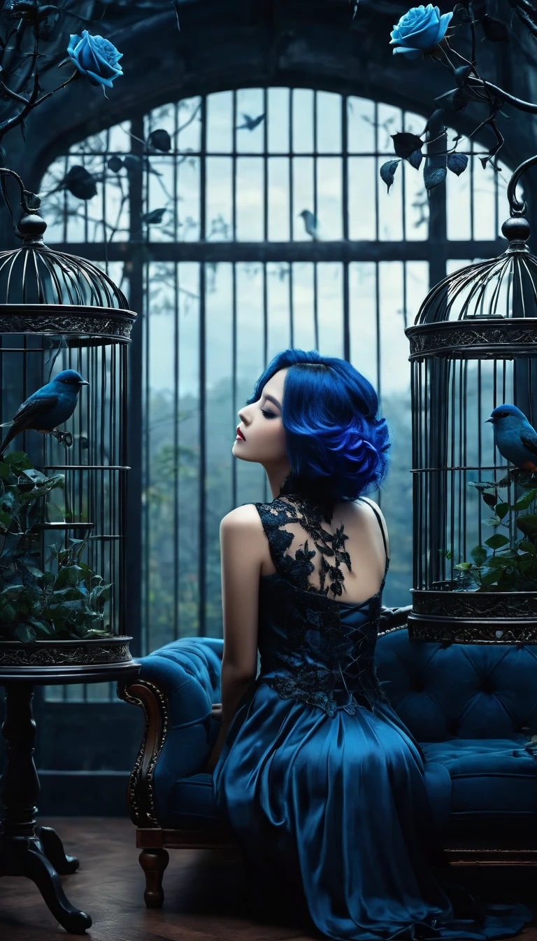 Image of forests of clocks interspersed with forests of thorns, dark, gloomy, mysterious but full of magic, shimmeringly beautiful, in the distance there is a giant birdcage surrounded by climbing black roses, a blue hair beautiful girl sitting on the sofa inside the bird cage, cinematic color, 16K, UHD, K-Pop Style
