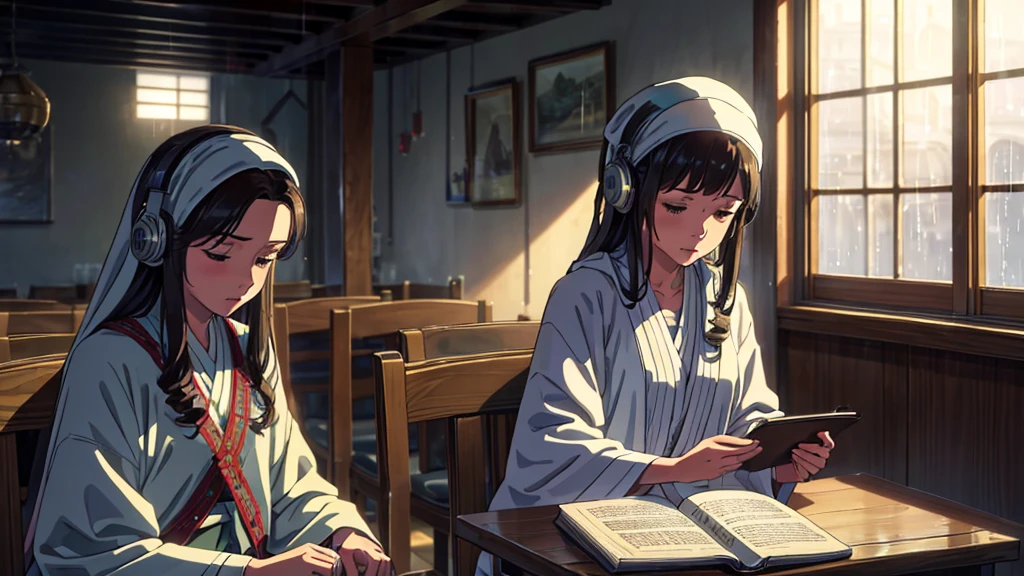 A modern portrayal of a woman from the Bible, blending the time of Jesus with contemporary elements. She is seated at a simple wooden table, dressed in traditional biblical clothing with a headscarf and a modest robe, detailed with period-accurate embroidery. She wears modern headphones, listening intently as she reads an open Bible in front of her. The table is positioned near a window where rain softly falls, creating a peaceful and reflective atmosphere. The scene combines ancient spiritual devotion with modern technology, highlighting the enduring relevance of faith across time