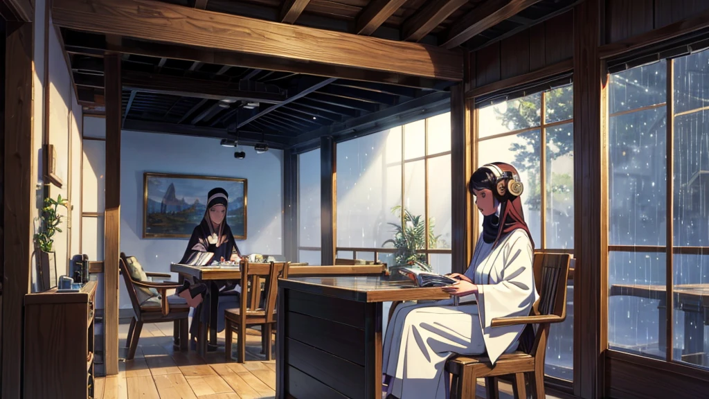 A modern portrayal of a woman from the Bible, blending the time of Jesus with contemporary elements. She is seated at a simple wooden table, dressed in traditional biblical clothing with a headscarf and a modest robe, detailed with period-accurate embroidery. She wears modern headphones, listening intently as she reads an open Bible in front of her. The table is positioned near a window where rain softly falls, creating a peaceful and reflective atmosphere. The scene combines ancient spiritual devotion with modern technology, highlighting the enduring relevance of faith across time