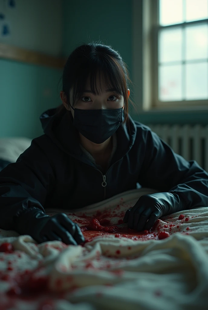 korean girl, (behind ??????, holding knife), black surgical mask, black gloves, room ?????????????, black raincoat, trucker hat, holding knife, black gloves, woman on top, behind multiple ??????, blood splatter, on the bed, looking at viewer, mass murderer, killer, low pony tail, blood splatter, dark atmosphere, cinematic lighting, atmospheric realistic, light from the window, close-up,
