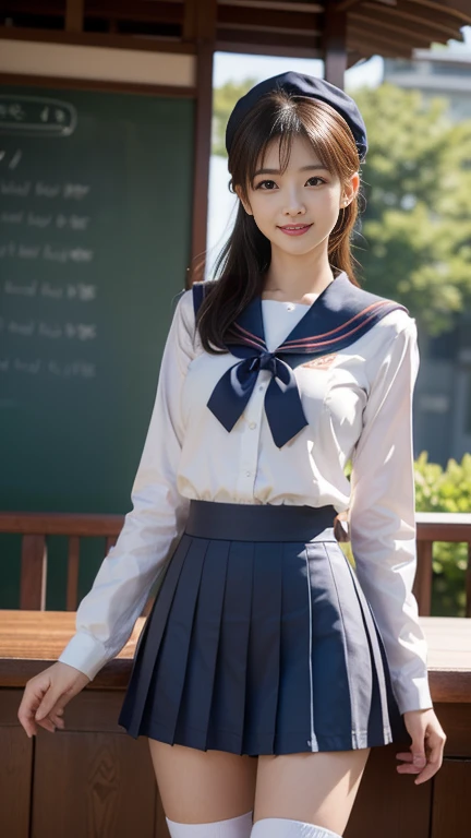 (A gorgeous Japanese idol, age 22 , in a cafe, wearing seifuku, school uniform, sailor moon, jk uniform, high-school uniform, red ribbon, sailor hat, knee high socks,
Easygoing expressions, kind smile, dimpled chins, cute snaggle-tooth, short bob hair ponytail, symmetrical face, realistic detailed face, beautiful detailed eyes, perfect body proportions, hourglass figure, ample round bosoms, medium breasts,
Raw photo, photorealistic, realistic portrait, hyper-realism, high contrast, ultra HD, realistic skin textures, top image quality, top-quality, super high resolution, fine details, very meticulously, masterpiece, medium shot, close-up shot, cowboy shot, High Angle Shot, bokeh background, SFW, Safe For Work)