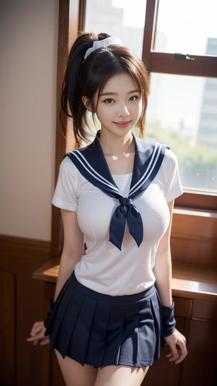 (A gorgeous Japanese idol, age 22 , in a cafe, wearing seifuku, school uniform, sailor moon, jk uniform, high-school uniform, red ribbon, sailor hat, knee high socks, 

Easygoing expressions, kind smile, dimpled chins, cute snaggle-tooth, short bob hair ponytail, symmetrical face, realistic detailed face, beautiful detailed eyes, perfect body proportions, hourglass figure, ample round bosoms, medium breasts,

Raw photo, photorealistic, realistic portrait, hyper-realism, high contrast, ultra HD, realistic skin textures, top image quality, top-quality, super high resolution, fine details, very meticulously, masterpiece, medium shot, close-up shot, cowboy shot, High Angle Shot, bokeh background, SFW, Safe For Work)