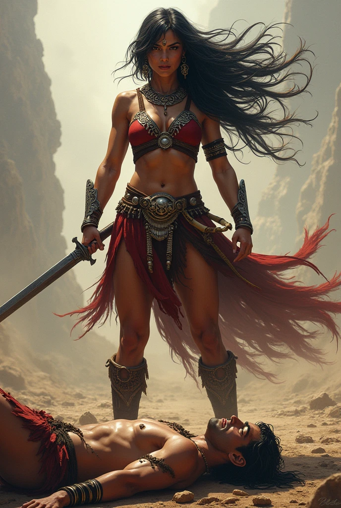 Draw a indian muscular warrior queen slaying a enemy man, she stood over he falls down, tough eyes, destroying reactions
