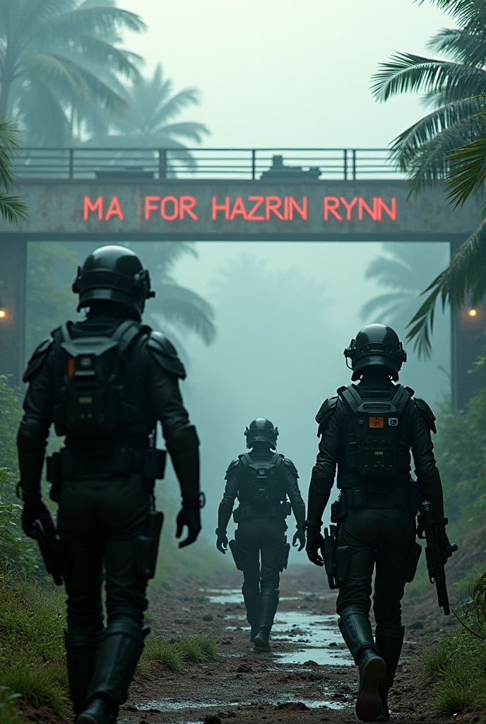 photography of gothic futurism a couple tactical force was performing a duty at malaysia border. A sign board was saying "AI GENERATE HAZRIN RYNN"