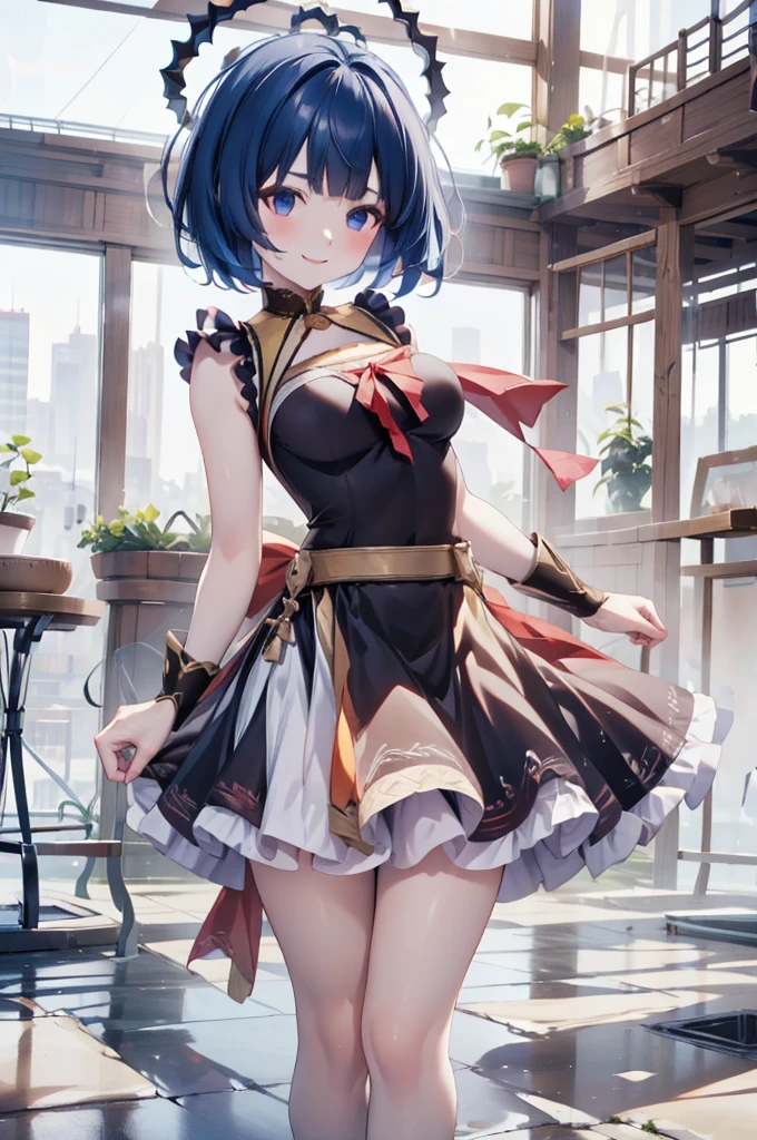 low-angle shot, short hair, smile, look at viewer, long skirt, holding down her skirt as it is being blown by a strong wind, high quality, masterpiece, ultra-fine illustrations, detailed background, realistic lighting, dynamic pose