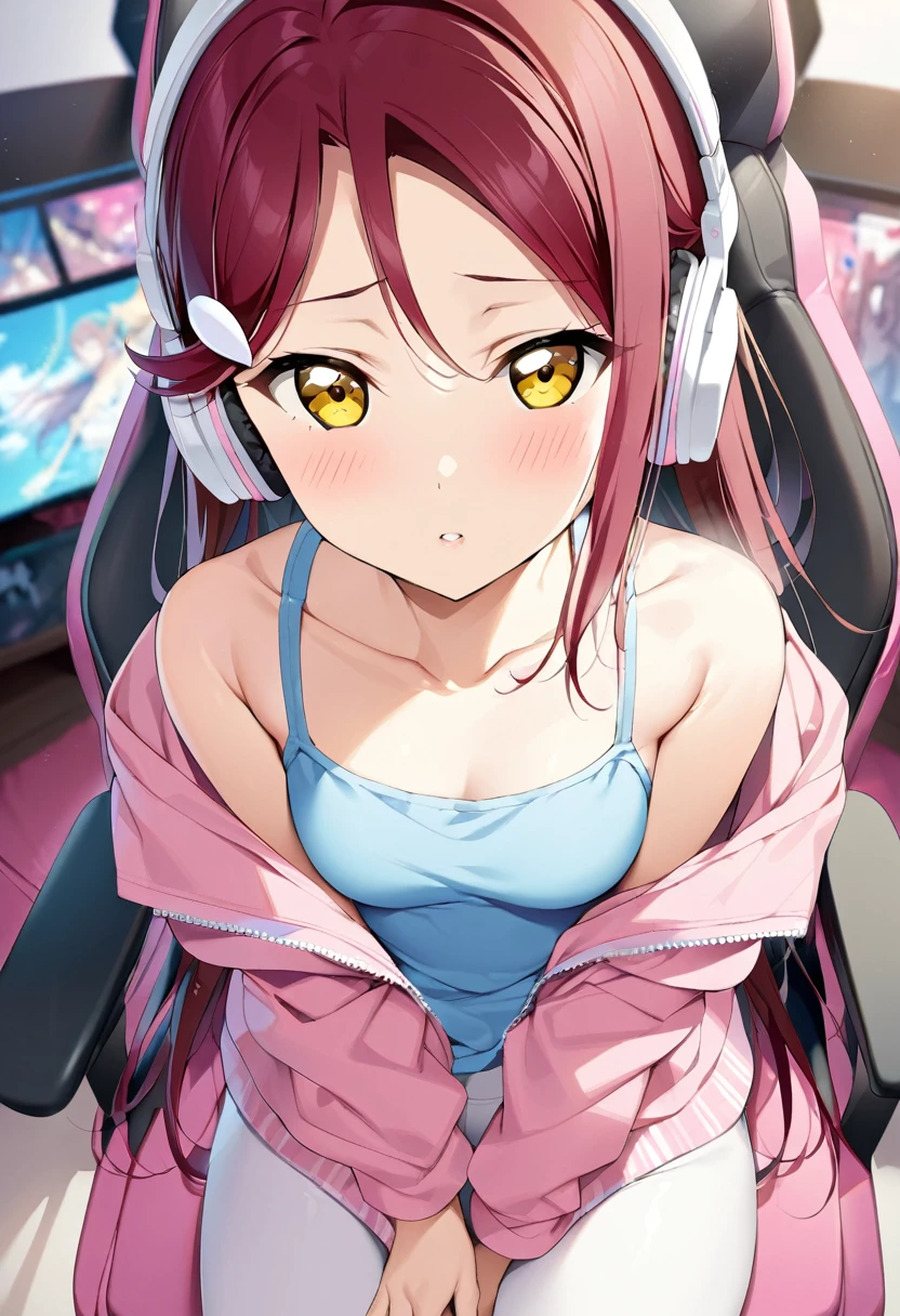 masterpiece, best quality,cowboy shot,collarbone, sakurauchi riko love live, yellow eyes, romantic,low white leggings,blue tank top,pink crop jacket, headphones,detailed face,sitting on gaming chair, looking at viewer,pov