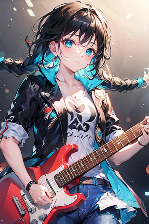 Tazune rirei, nsfw, 8k, ultra-detailed, Masterpiece, best quality, perfect lighting, aqua eyes, black hair, braid hair, dynamic angle, looking away ,more_details:1, ((bokeh, portrait)), , ((playing electric guitar hard, guitar amplifier )),clubhouse stage, rock’n roll, red checker shirt, blue jeans ,starrystarscloudcolorful, search lights, grunge, detailed shiny eyes , ((grunge wear, grunge rock)), singing, microphone , loud music effects , dynamic angle, dynamic pose