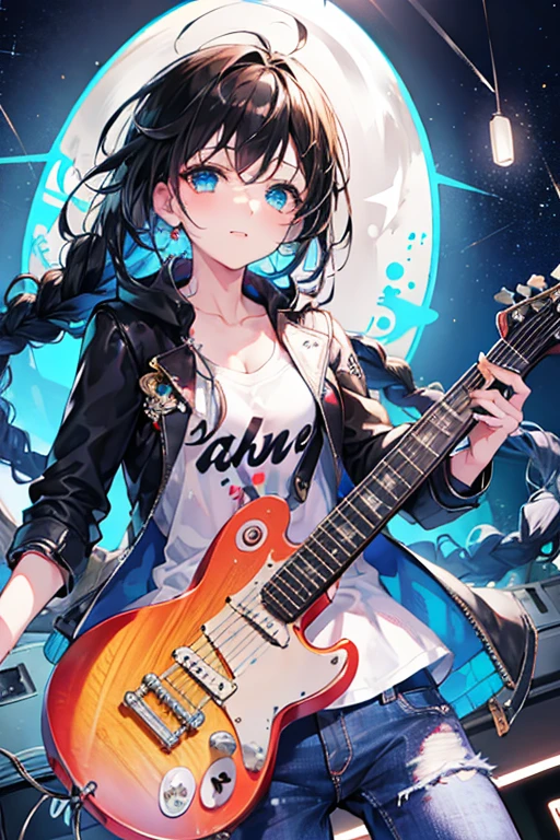 Tazune rirei, nsfw, 8k, ultra-detailed, Masterpiece, best quality, perfect lighting, aqua eyes, black hair, braid hair, dynamic angle, looking away ,more_details:1, ((bokeh, portrait)), , ((playing electric guitar hard, guitar amplifier )),clubhouse stage, rock’n roll, red checker shirt, blue jeans ,starrystarscloudcolorful, search lights, grunge, detailed shiny eyes , ((grunge wear, grunge rock)), singing, microphone , loud music effects , dynamic angle, dynamic pose