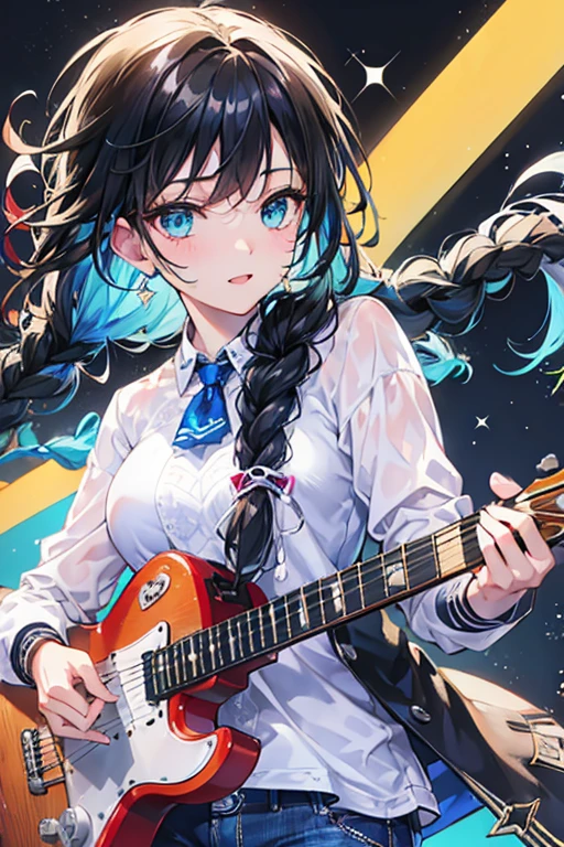 Tazune rirei, nsfw, 8k, ultra-detailed, Masterpiece, best quality, perfect lighting, aqua eyes, black hair, braid hair, dynamic angle, looking away ,more_details:1, ((bokeh, portrait)), , ((playing electric guitar hard, guitar amplifier )),clubhouse stage, rock’n roll, red checker shirt, blue jeans ,starrystarscloudcolorful, search lights, grunge, detailed shiny eyes , ((grunge wear, grunge rock)), singing, microphone , loud music effects , dynamic angle, dynamic pose