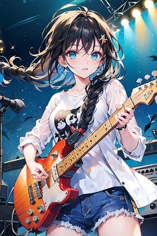 Tazune rirei, nsfw, 8k, ultra-detailed, Masterpiece, best quality, perfect lighting, aqua eyes, black hair, braid hair, dynamic angle, looking away ,more_details:1, ((bokeh, portrait)), , ((playing electric guitar hard, guitar amplifier )),clubhouse stage, rock’n roll, red checker shirt, blue jeans ,starrystarscloudcolorful, search lights, grunge, detailed shiny eyes , ((grunge wear, grunge rock)), singing, microphone , loud music effects , dynamic angle, dynamic pose