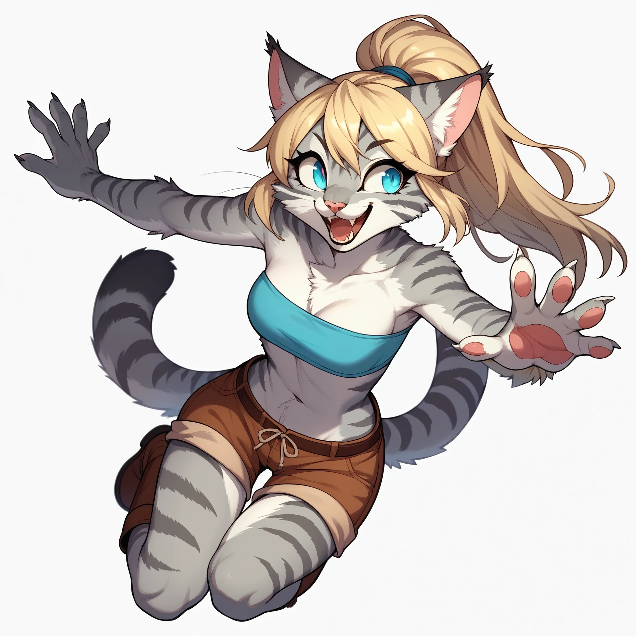 score_9,score_8_up,score_7_up, score_6_up, score_5_up, source_anime, kemono style, Kat, female Anthro furry feline, silver fur, grey stripes on body, blue eyes, long blonde hair, hair in a ponytail, pink nose, :3, she is wearing blue bandeau, brown short shorts, brown boots, jumping, pouncing, claws out, attacking pounce, black slotted pupils, big smile, feline teeth, full body shot, full body in frame, white background, looking away, laughing maniacally