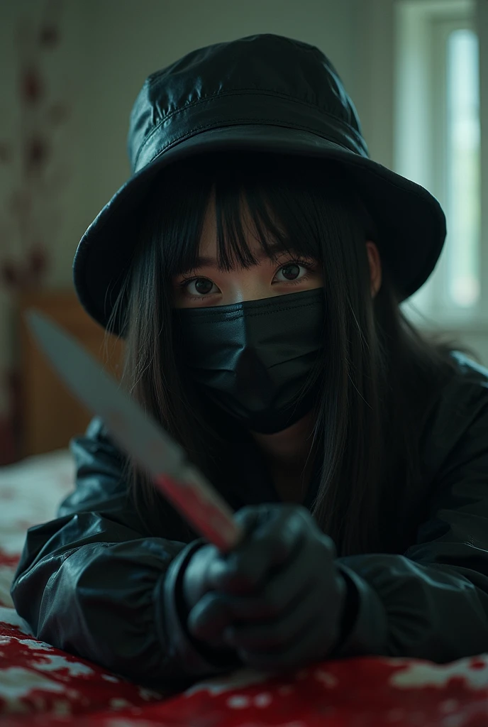 korean girl, (behind multiple corpse, holding knife), black surgical mask, black gloves, room full of blood, black raincoat, bucket hat, looking at viewer, holding knife, black gloves, woman on top, behind multiple corpse, blood splatter, on the bed, mass murderer, killer, long bangs, blood splatter, dark atmosphere, cinematic lighting, atmospheric realistic, light from the window, close-up,
