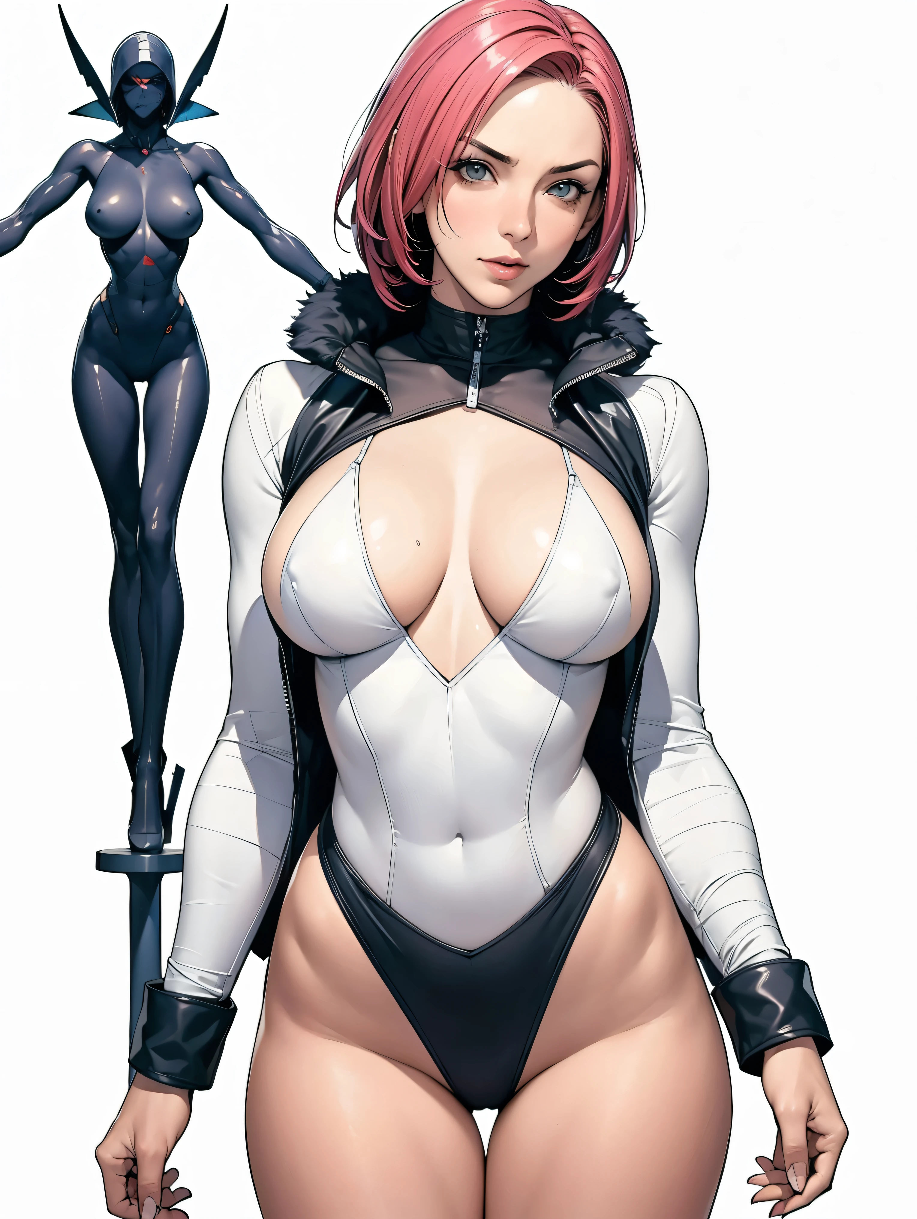 (((Annie Lennox))), (((colorful suit))), (scars), (((bandaged arms))), (((colorful clothes))) (( hood)), (((best quality: 1.4))), (Unbeatable masterpiece), (hyper HD),(CG 8k hyper-realistic), beautiful face, (((breasts big))), (((hyper feminine))), sexly girl, ((round face)), black tattoo,(ultra short red hair with white highlights)), ((( sculptural body ))), (((1 Kizi))), Kizi tatuada de 25 anos com perfect body,,Beautiful and well-groomed face, (round face), muscular body:1.2,solid color detailed jacket, (Head to thigh photos), Complex equipment, ,Tight clothes,With white stars and off-white stripes,,,,,Armor Metal Electronic Parts, Poison tattoos ) INFO, Kizi, (((standing alone))), , 24歳, sexy, pose de attitude, work of art, dancing, ((slight smile)), post-apocalypse, (((manga style))), bounty hunter, the way you want, perfect body, roupa moderna, advanced technology, white, yellow accent, black, red accent, fur collar jacket, sleeves with vertical striped pattern, background city, (( cowboy shot )). intricate visual, narrow waist, (((wide hips))), wide hips, fit thighs, (((thigh gap))), Thigh gap, background shows a futuristic airplane, open expression, expression happy