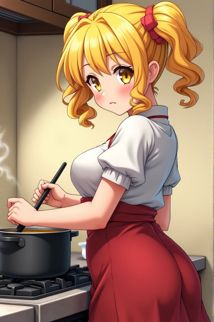 anime girl with ??????????? yellow hair tied on both sides curls that touch her shoulders and is wearing a white dress on top and red on the bottom yellow eyes and is cooking soup with a big ???? and ??????????? she is small 