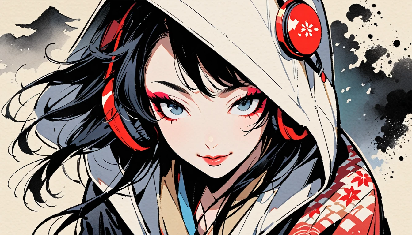 (((Ink Painting))), (((from above))), (((1 female))), (((Put on the hood))), (((Japanese pattern hoodie))), (((Very flashy makeup))), Japanese style headphones, devil, face close-up, front view, Japan人の美少女, Black Hair, Delicate and precise, Modern ukiyo-e style,Japan, Droopy eyes, round face, smile, Fuller lips, vivid color