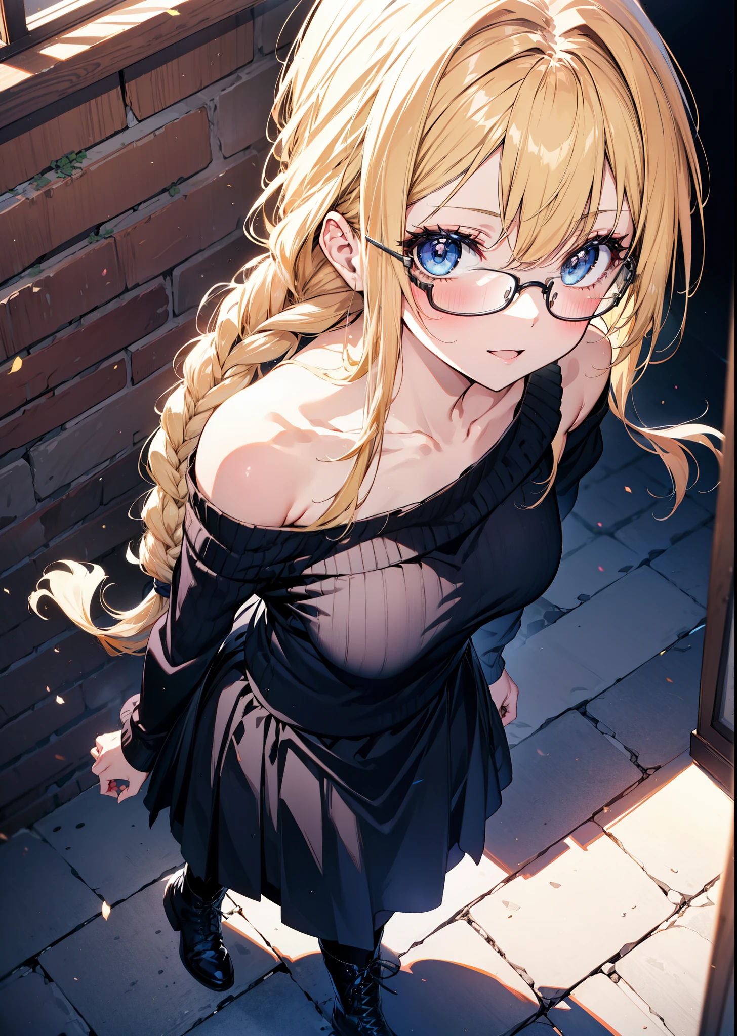 Alicesburg, Alice Zuberg, bangs, blue eyes, Blonde, Hair between the eyes, hair band,smile,blush,Open your mouth, Long braids,Glasses,One-shoulder sweater,Long skirt,Black pantyhose short boots,Walking,Daytime,Clear skies,whole bodyがイラストに入るように,
break outdoors ,Building district,
break looking at viewer, whole body,
break (masterpiece:1.2), Highest quality, High resolution, unity 8k wallpaper, (figure:0.8), (Beautiful attention to detail:1.6), Highly detailed face, Perfect lighting, Highly detailed CG, (Perfect hands, Perfect Anatomy),