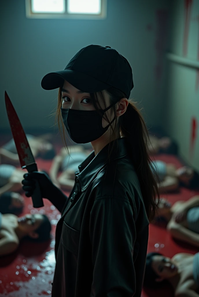 korean girl, (behind multiple corpse, holding knife), black surgical mask, black gloves, room full of blood, black raincoat, trucker hat, holding knife, black gloves, woman on top, behind multiple corpse, blood splatter, on the bed, looking at viewer, mass murderer, killer, low pony tail, blood splatter, dark atmosphere, cinematic lighting, atmospheric realistic, light from the window, close-up,