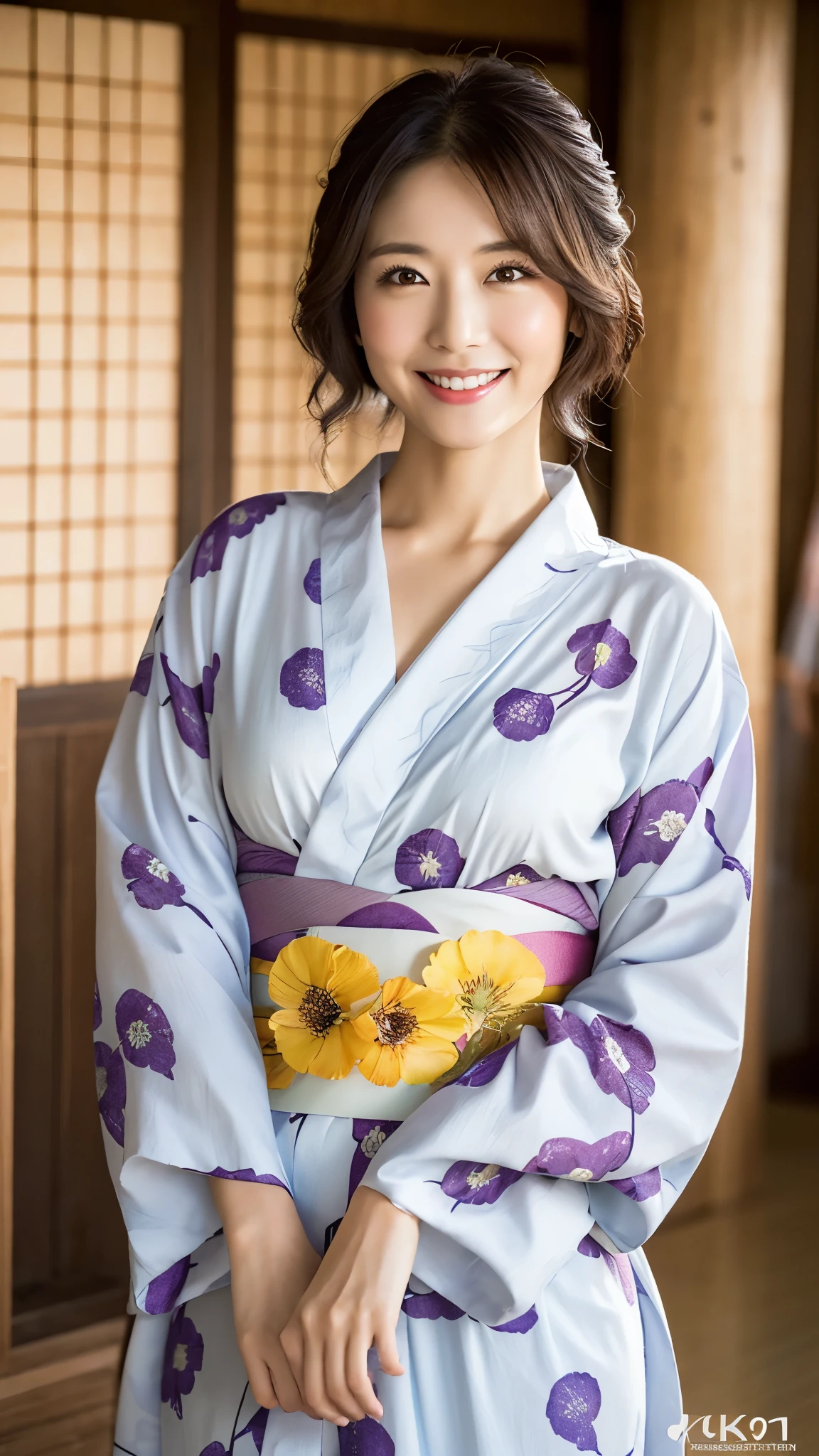 a mature beautiful Japanese woman, cute smile, (wearing flower pattern Japanese yukata:1.25), portrait, masterpiece, best quality, High resolution, plum lips), regular body shape, tie dark brown hair, 8k