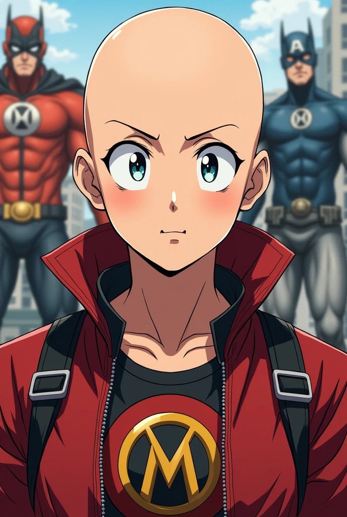 A bald anime guy resembling Saitama wearing My Hero Academia clothes with a background of heroes.