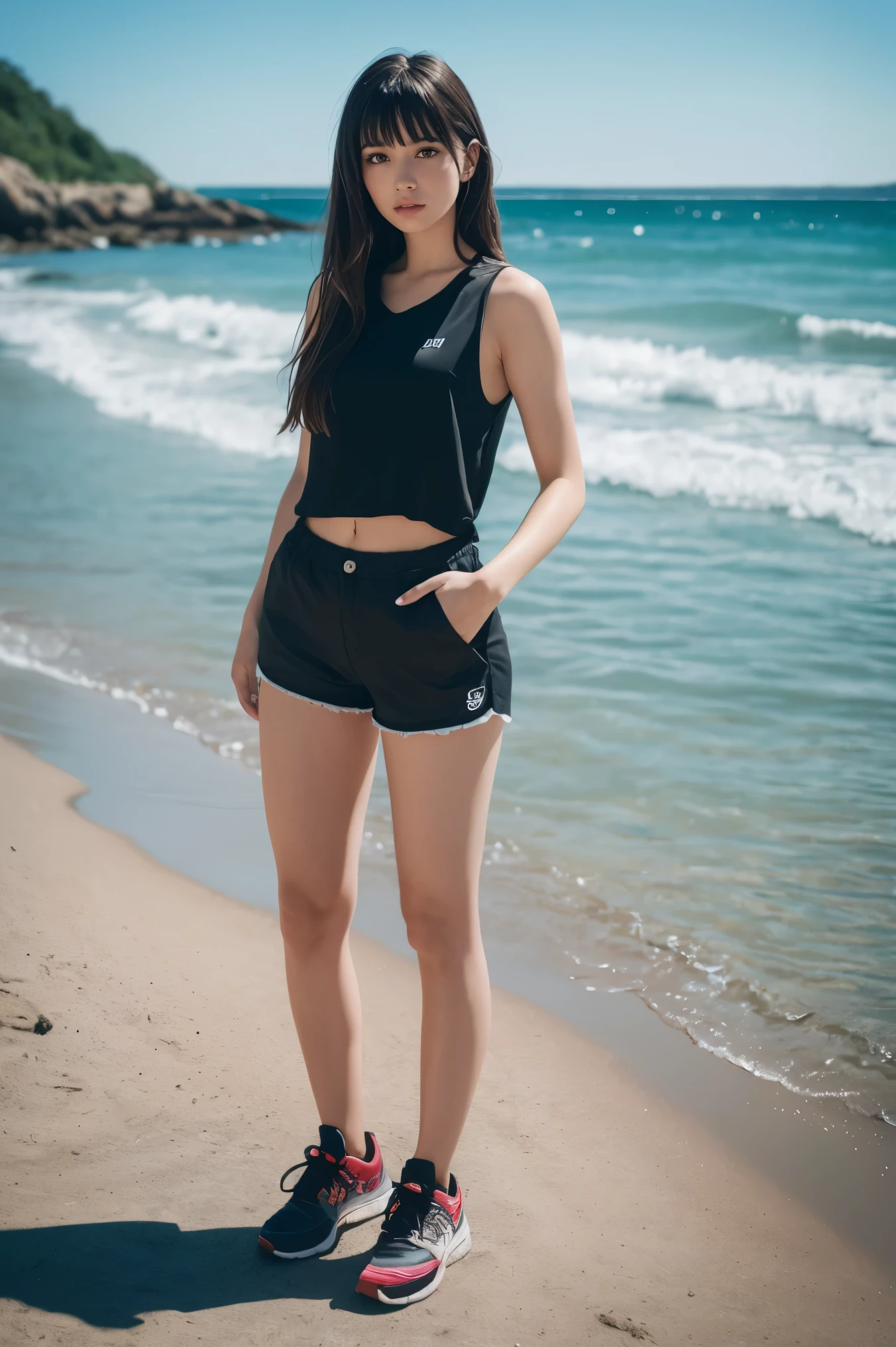 a highly detailed masterpiece of a girl with black wavy hair, long hair, bangs, wearing a sleeveless shirt, shorts, and sneakers, standing by the sea, (best quality,4k,8k,highres,masterpiece:1.2),ultra-detailed,(realistic,photorealistic,photo-realistic:1.37),portrait,dramatic lighting,cinematic,vibrant colors,natural lighting