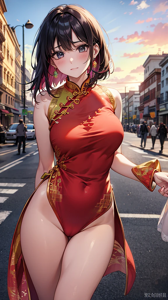 Positive Focus、top-quality、hight resolution、super precision、8K、(One woman)、(((extra detailed face)))、8 head body、
Colorful、Fine skin、Deep slit、off shoulders、
Beautie、Bright expression、Surprised、red blush、plump eyes、Eyes sparkle、
(((Luxury cheongsam)))、(((Colorful cheongsam)))、ample breasts、thighs thighs thighs thighs、gem stones、
(Photorealistic backgrounds)、(street corner)、(Crowds)、 Watching the viewer、
(Untying hair)、(((hair adornments)))、(Hide your fingertips)、(((Refers to 5 books)))、
(Composition looking up from a low position)、
,camel toe , Leotard, Show your underwear, Show your breasts, tits,