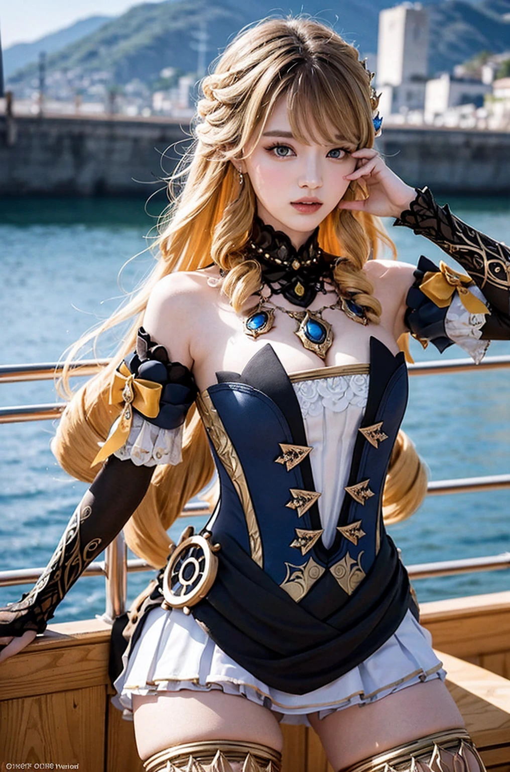 Navia_\(genshin impact\), 1 woman, alone, ship_cosplay costume, cosplay, Decorations, jewel, Gold decoration, necklace, Blonde long hair, drill head, twin tail, split, separated sleeves, thighs, Gold decoration, high heel, ((bare shoulders)), separated sleeves, skirt, 흰색 짧은 skirt, ((whole body)), In fact, fashion girl, Pretty nose, mouth, shiny, 붉은 색 mouth술, mature woman, cosmetics, big eyes, beautiful eyes, (best quality, the greatest masterpiece), ultra high resolution, 32K, uhd, ultra detail, ultra quality, (In fact:1.57), RAW photos, Upper body focus, professional photography, Photo realistic, ((Beautiful long legs with perfect proportions)), Arms with perfect proportions, Pretty hands, (Real hand, Pretty hands가락), Slim, pretty body with perfect proportions, slim waist, beautiful, young and energetic, Attractive professional model, pretty big tits, split, pretty big ass, (delicate eyes, 상세한 mouth술, extremely delicate eyes), beautiful 미소, Create cool girl images, disapproval, Very high color, official work of art, Highly detailed CG integrated 32K Unity wallpaper, (high dynamic range :1.57), (shiny, realistic skin texture, fair skin, White skin), realistic light, Background with mountains and villages, blue sky, blue, White luxury large yacht, Sitting on a yacht chair, cocktail glass, cocktail glass을 들고, sexy pose, (face), look at the camera,