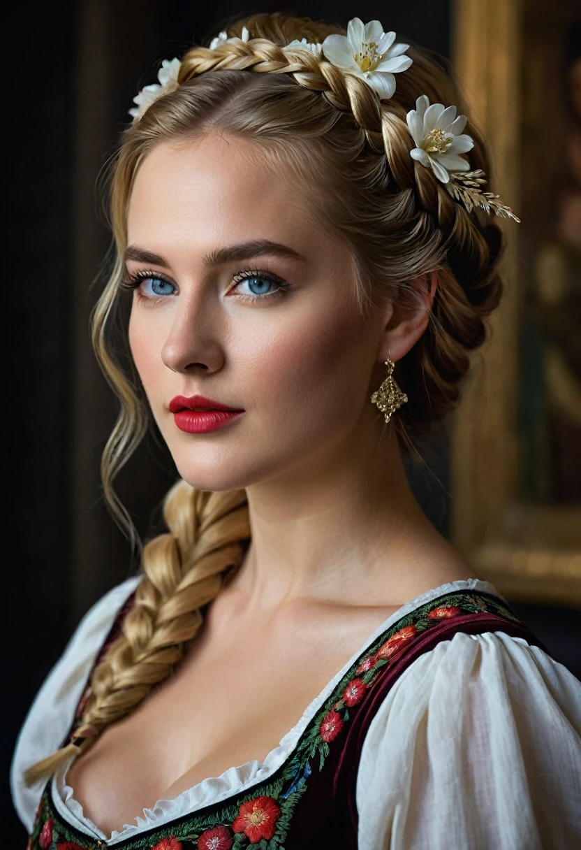 A young woman in the prime of her beauty, her visage suffused with the timeless allure of a Renaissance muse. She stands confidently in a darkened chamber, the dramatic chiaroscuro lighting casting deep shadows that dance across her bare, alabaster skin. Her golden hair is meticulously woven into an elegant French braid that cascades down her back, while a vibrant bollenhut, a traditional German headdress, sits atop her head, adorned with intricate floral embroidery. Her eyes sparkle with mischief as she winks with one cerulean eye, the other hidden beneath a playful sweep of long lashes. A crimson smear of lipstick graces her full, inviting lips, matching the rich tones of the dirndl that wraps snugly around her waist, revealing her all-natural, unblemished breasts that rest gently against the fabric. The garment's folds and patterns are rendered with such hyper-detail that each thread seems to leap from the canvas, a testament to the artist's mastery. The background is a velvety black, allowing her radiant features and the crimson accents of her outfit to pop with vibrancy. The 8k resolution captures every nuance of her form, from the soft curve of her neck to the delicate arch of her foot, while the HDR enhances the depth and realism of the scene. This full-body portrait is a modern reimagining of classical art, suffused with a sense of eroticism that whispers of the painter's admiration for the female form. Her posture and expression are coy yet assertive, beckoning the viewer to join in her silent flirtation. The photorealistic style blurs the line between reality and art, ensnaring the gaze and inviting contemplation of the timeless beauty and seductive power that she embodies.