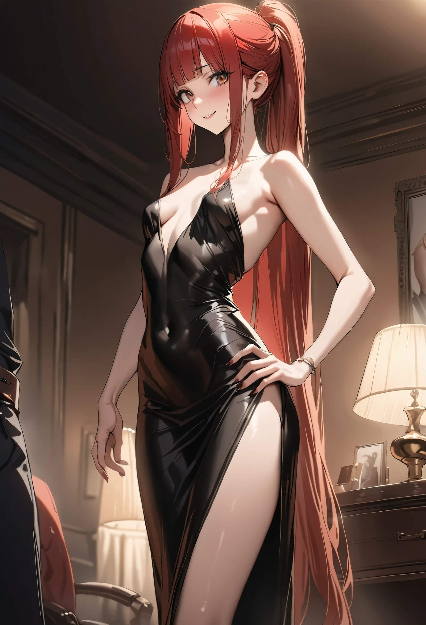 ((masterpiece,best quality anime,Highest quality:1.3)),realistic,,cowboy shot,(30 year old beauty), gunslinger ,1woman,独奏,((very small head:1.4)),((very long body:1.3)),red hair,bangs,straight long ponytail hair,gorgeous big eyes,brown eyes,smile,Black Party Dress,black_thighhighs),((slender body:1.3,skinny)),small breasts,gleaming skin,shiny skin,Luxury hotel party、The World of Westerns、