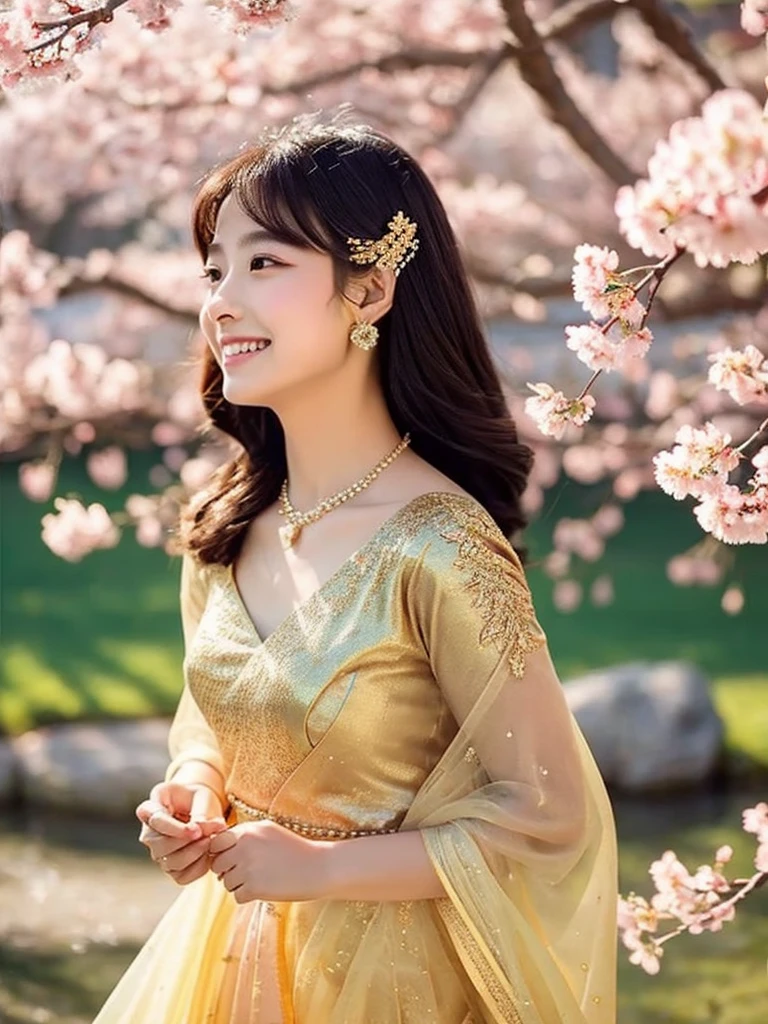 (shining gold dress, long fluttering hair, radiant skin) is dancing gracefully in a field of blooming cherry blossoms. The scene is captured in an exquisite oil painting style with vibrant colors and meticulous brushstrokes. The sunlight gently filters through the delicate petals, casting a warm and dreamy atmosphere. The woman's eyes sparkle with joy and passion while her lips are adorned with a captivating smile. The intricate details of her dress shimmer with golden hues, reflecting light and creating a sense of enchantment. The composition is framed by the graceful branches of the cherry blossom trees, adding depth and a touch of nature to the artwork. The overall image quality is of the highest standard, with ultra-detailed features and photorealistic rendering. The rich palette of colors, including shades of pink, gold, and green, evokes a sense of beauty and serenity. The lighting in the painting is soft and natural, emphasizing the woman's elegant movements and enhancing the overall visual appeal.