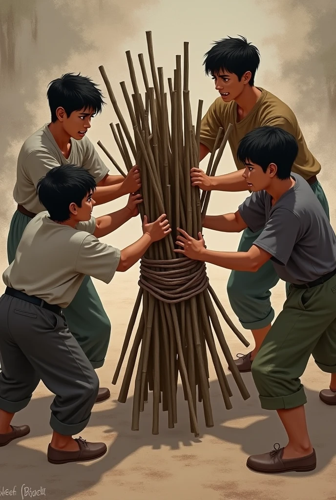 Give me a picture on this scene 

The sons tried to break the bamboo stick bundle one by one, but none of them could do it.