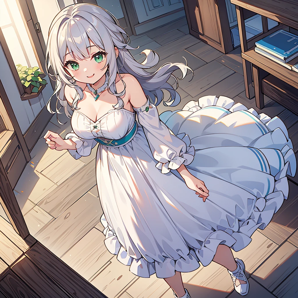 ((masterpiece)), (Professional photography:1.2), (High resolution:1.3), Highest quality, 8k, (From above), Textured skin, Cinema Lighting, (One Girl), Low length, Standing on one leg, ((Cute age Girls)), (Very boring bangs, Slightly loose curls, Chest-length hair, Drawn with fine detail、light silver hair), ((smile)), glowing green eyes, (Droopy eyes), (Happy Pose), Tight waist, Take off one's clothes carelessly, (pale ivory blazer school uniform), (White blouse), (Brown Skirt), School in the city, Red thread ribbon