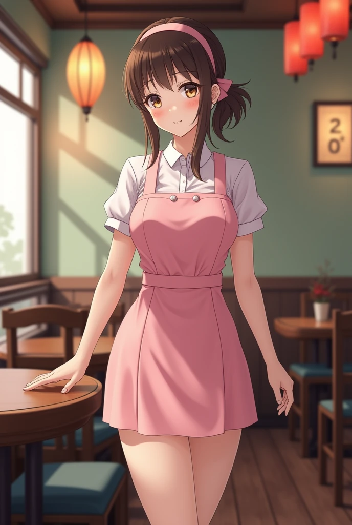 ((masterpiece, top quality, 8k, RAW photo, realistic, ultra highly detailed)), 1 girl, (japanese face:1.5), 20 years old, big smile:1.4, perfect cute face:1.4, beautiful eyes, symmetrical face, perfect body:1.4, dark brown hair:1.3, lower ponytail:1.4, natural makeup, double eyelid, (full body shot, polite standing:1.4, beautiful legs:1.3, waitress:1.3), ((light pink short sleeve one piece dress, off shoulder, light pink heels, light pink head band)), (in restaurant:1.5)