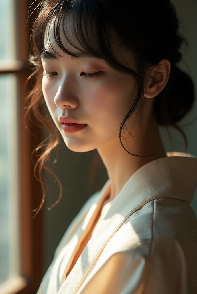 An elegantly dressed Japanese woman in natural light、A close-up of her chest and calm expression.、It shows her inner peace and outer charm.。Exquisite