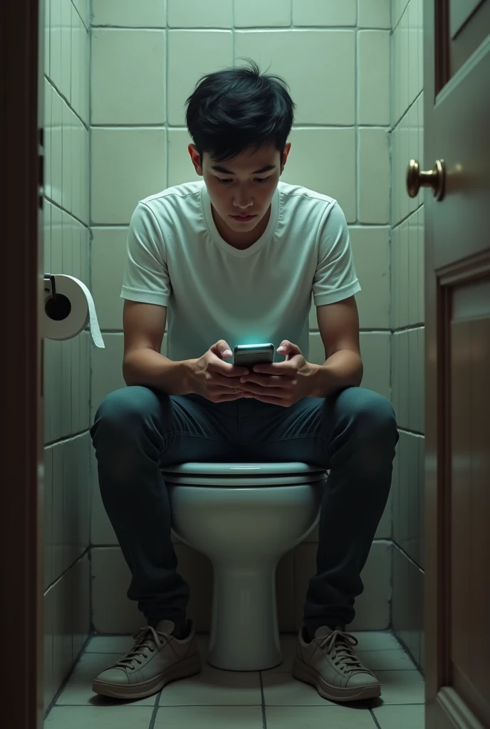 Young Man pooping while playing phone in bathroom 
