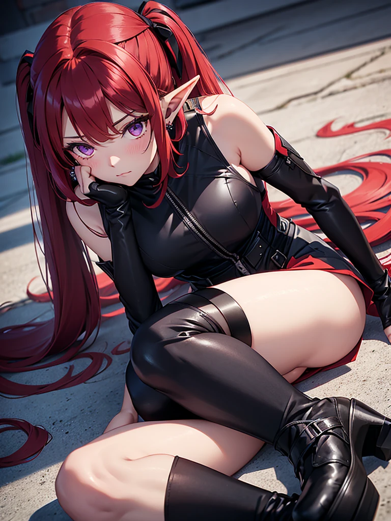 a girl,Elf,Long red hair,long twintails,Purple Eyes,blush,earrings,Black sleeveless jumpsuit,Super detailed zipper,Black arm cover,Red dress,Black knee-length socks,Black ankle boots,lying down,Rendering,optimal