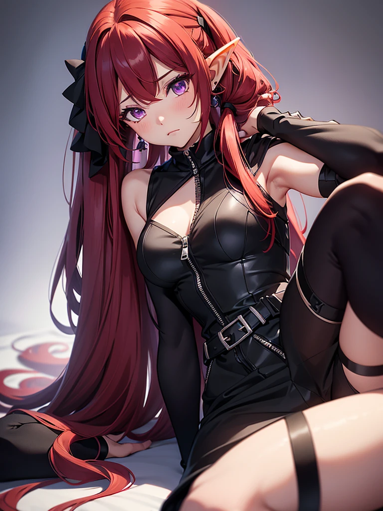 anime girl, red ponytail, violet eyes, black leather suit