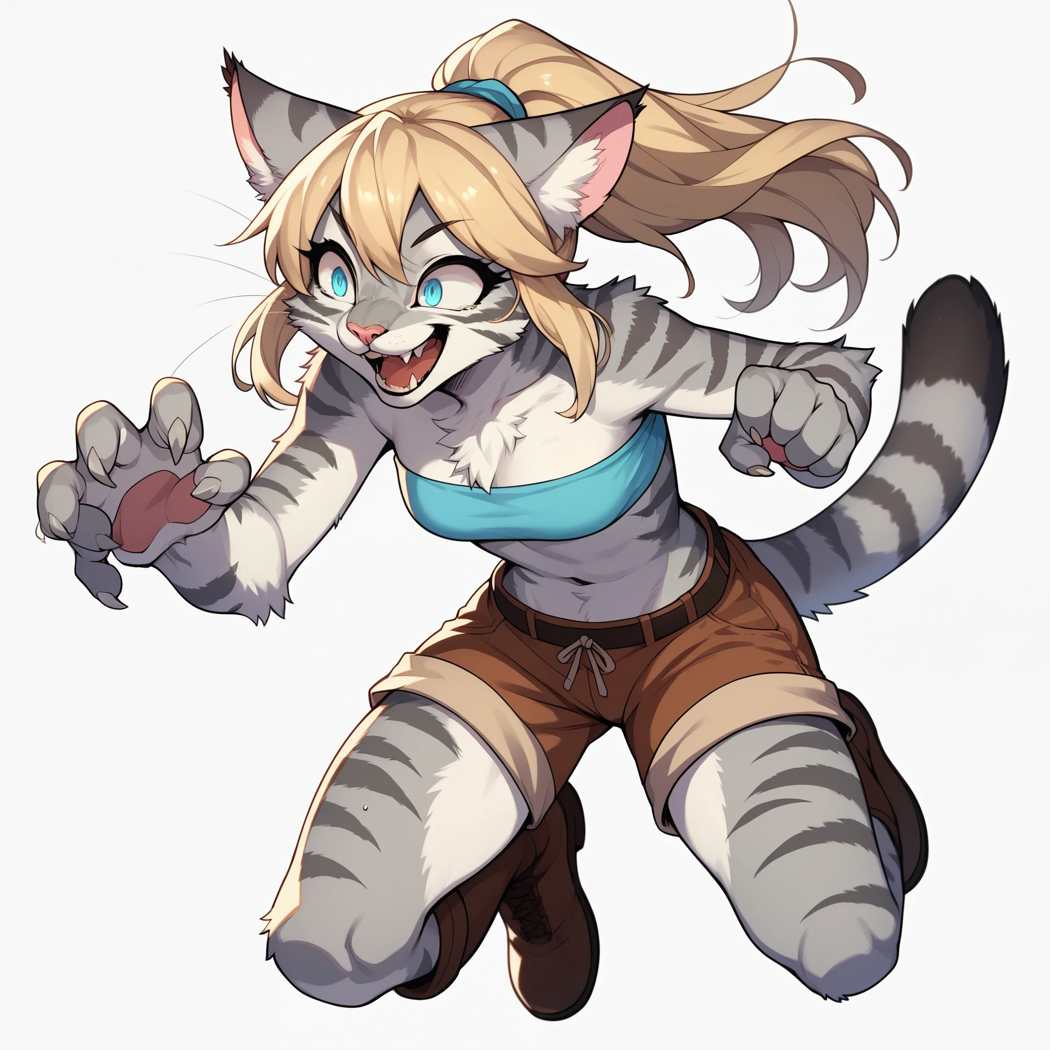 score_9,score_8_up,score_7_up, score_6_up, score_5_up, source_anime, kemono style, Kat, female Anthro furry feline, silver fur, grey stripes on body, constricted eyes, blue eyes, long blonde hair, hair in a ponytail, pink nose, :3, she is wearing blue bandeau, brown short shorts, brown boots, jumping, pouncing, claws out, attacking pounce, black slotted pupils, big smile, feline teeth, full body shot, full body in frame, white background, looking away, laughing maniacally