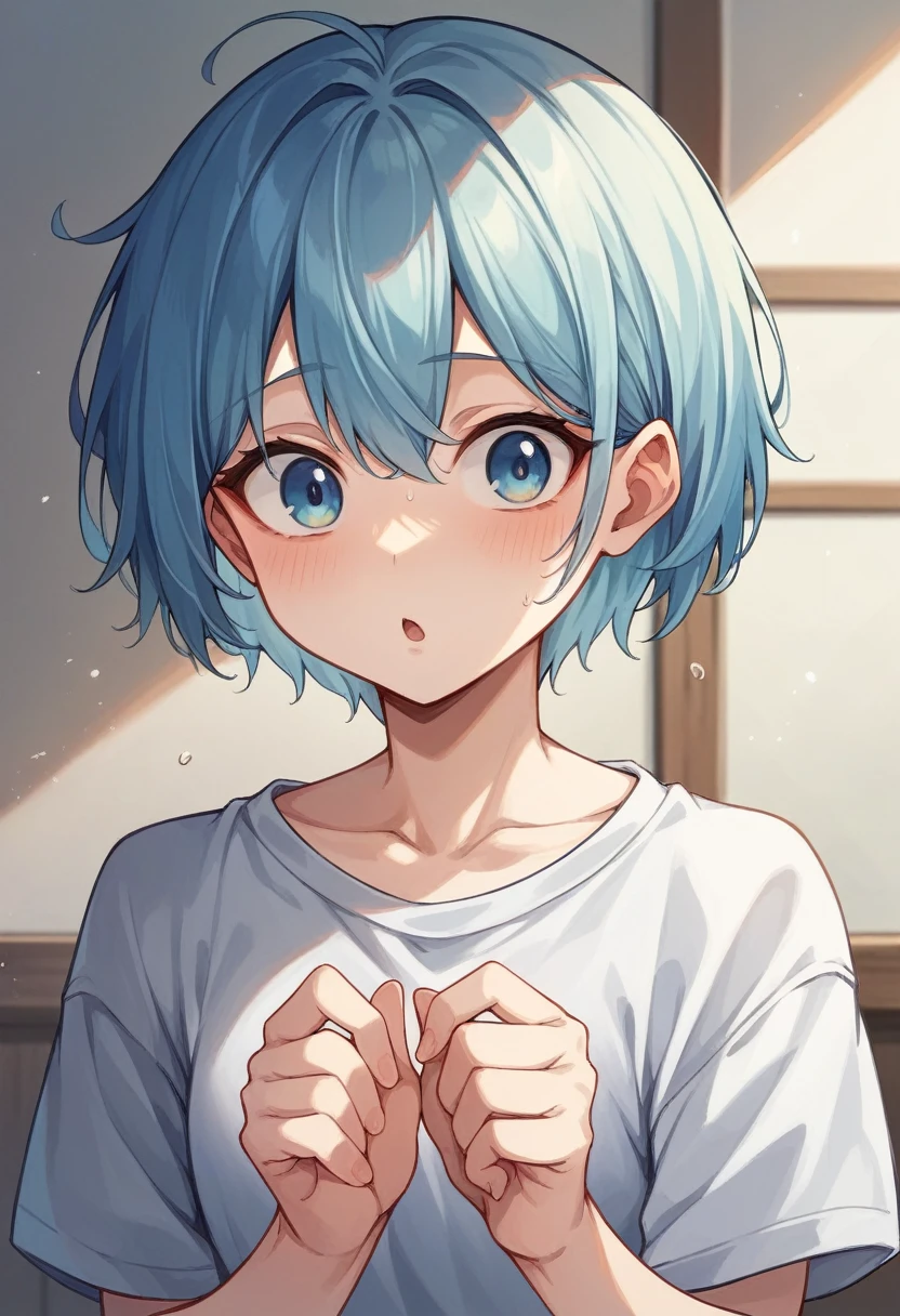 girl、Light blue hair、Short Hair、Mini character、White of the eyes、Surprised face、Cute clothes、Character portrait