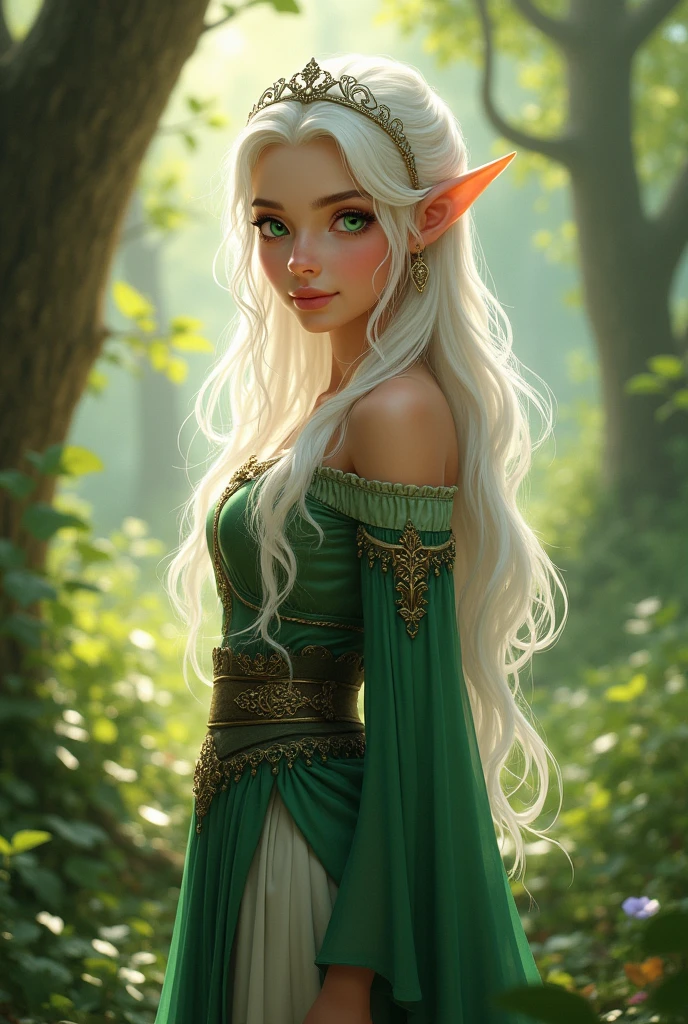 An elf girl with white hair and green eyes, charming and imposing in a forest with a combination of green and charming dress, beautiful accessories and a small silver half-crown.