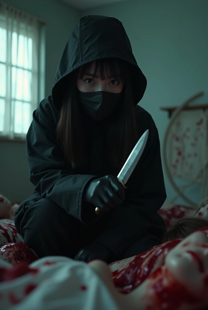 korean girl, (behind multiple stiff, holding knife), stabbing, black balaclava mask, black gloves, girl only, black raincoat, trucker hat, bloody knife, bloody room, black gloves, woman on top, behind multiple cadaver, blood splatter, on the bed, looking at viewer, mass murderer, killer, blood splatter, atmospheric realistic, light from the window, close-up,
