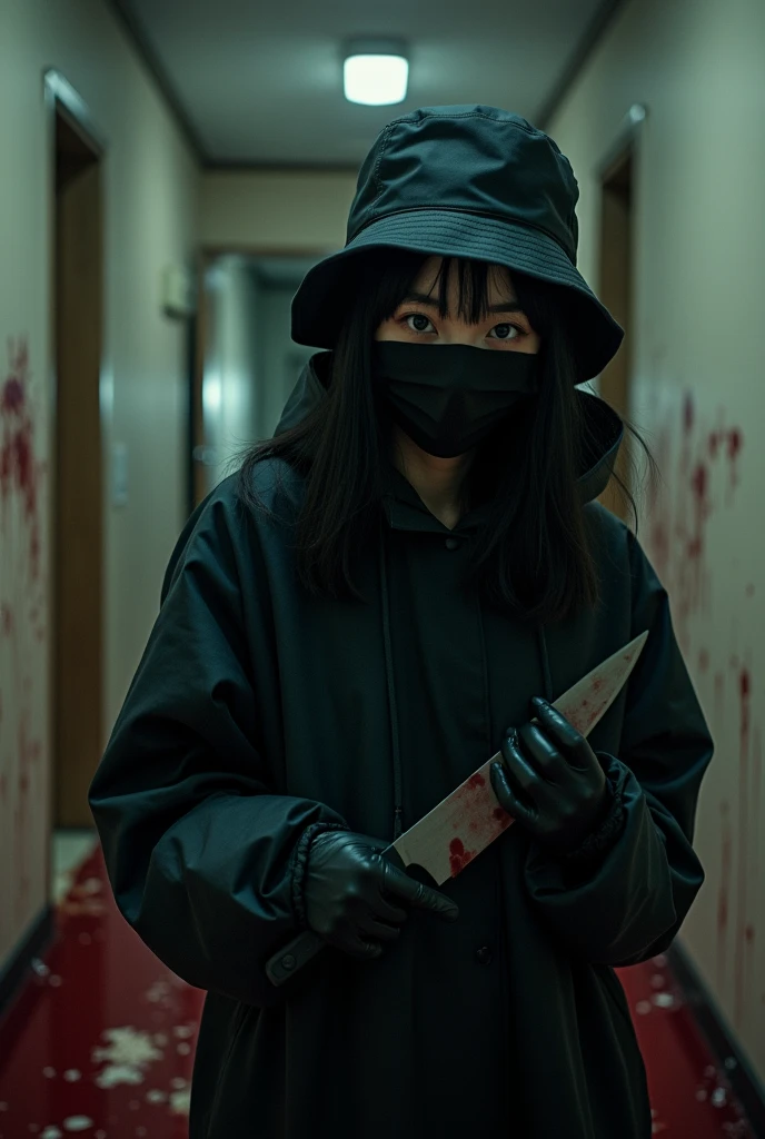 korean girl, (behind multiple corpse, holding knife), black surgical mask, black gloves, room full of blood, black raincoat, bucket hat, looking at viewer, holding knife, black gloves, woman on top, behind multiple corpse, blood splatter, on the bed, mass murderer, killer, long bangs, blood splatter, dark atmosphere, cinematic lighting, atmospheric realistic, light from the window, close-up,
