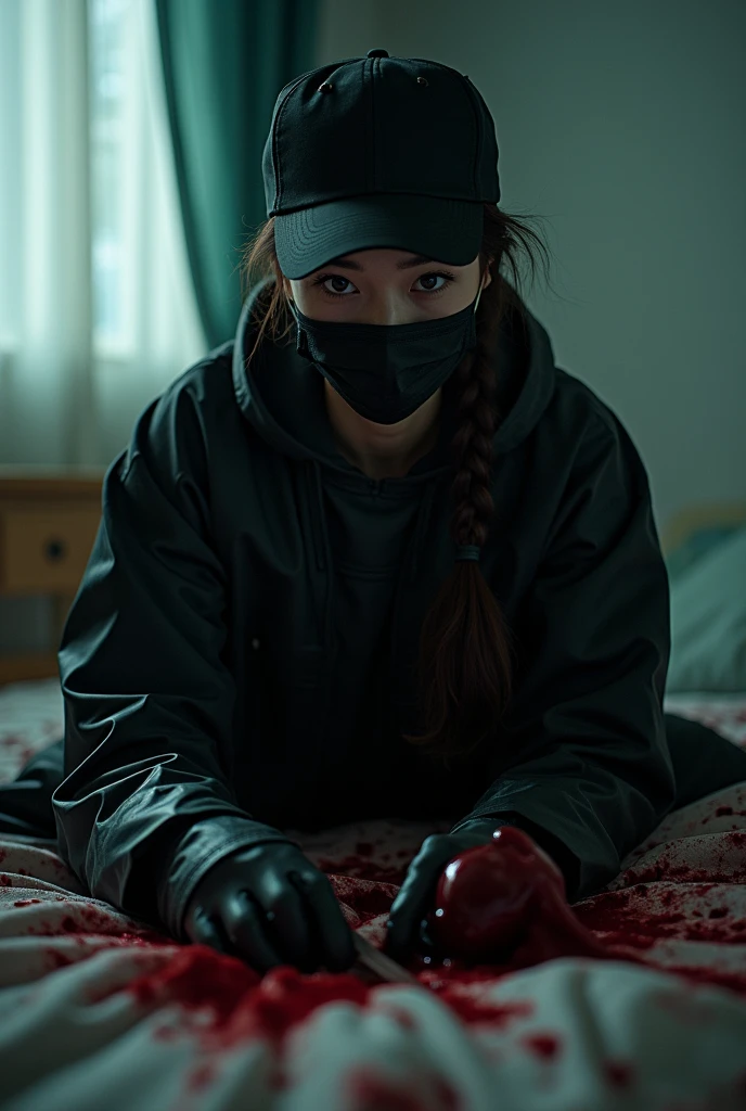 korean girl, (behind multiple corpse, holding knife), black surgical mask, black gloves, room full of blood, black raincoat, trucker hat, holding knife, black gloves, woman on top, behind multiple corpse, blood splatter, on the bed, looking at viewer, mass murderer, killer, low pony tail, blood splatter, dark atmosphere, cinematic lighting, atmospheric realistic, light from the window, close-up,