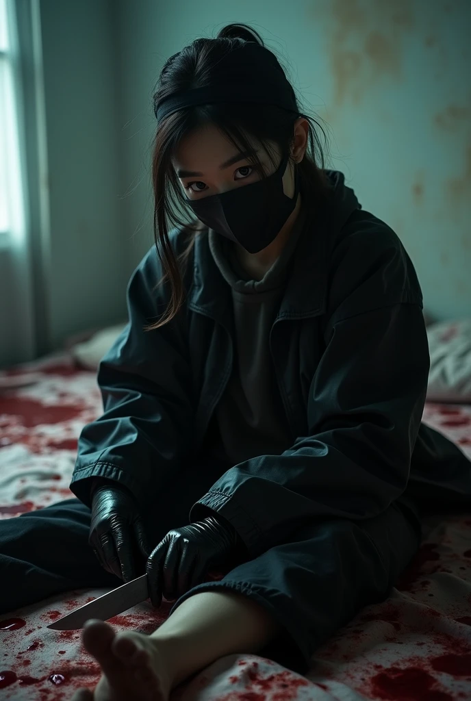 korean girl, (behind stiff, holding knife), stabbing, black gloves, white room, black raincoat, looking at viewer, black wet suit, trucker hat, holding knife, black gloves, woman on top, behind cadaver, blood splatter, on the bed, looking at viewer, mass murderer, killer, low ponytail, blood splatter, atmospheric realistic, light from the window,