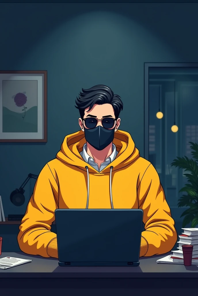 ANIME FRIENDLY LOOKING MALE BUSINESS CHARACTER WHO IS WEARING A BLACK FACE MASK, A YELLOW HOODIE AND SUNGLASSES. HE IS SITTING BEHIND HIS LAPTOP IN HIS OFFICE, ARMS ON HIS DESK. IT IS NIGHT. THE ROOM HAS VOLUMETRIC
LIGHTING. HE IS FRONT FACING TO THE CAMERA, LOOKING STRAICHT AND CENTERED, CENTRAL PORTRAIT, SITTING STRAIGHT, FRONT VIEW, CENTERED LOOKING STRAIGHT. THE OVERALL AMBIANCE OF THE IMAGE SHOULD CONVEY A CONNECTION TO MINIMALISM, FLAT ILLUSTRATION, BOLD LINE, MINIMALISM, SIMPLIFIED, GOUACHE ILLUSTRATION. 8K RESOLUTION