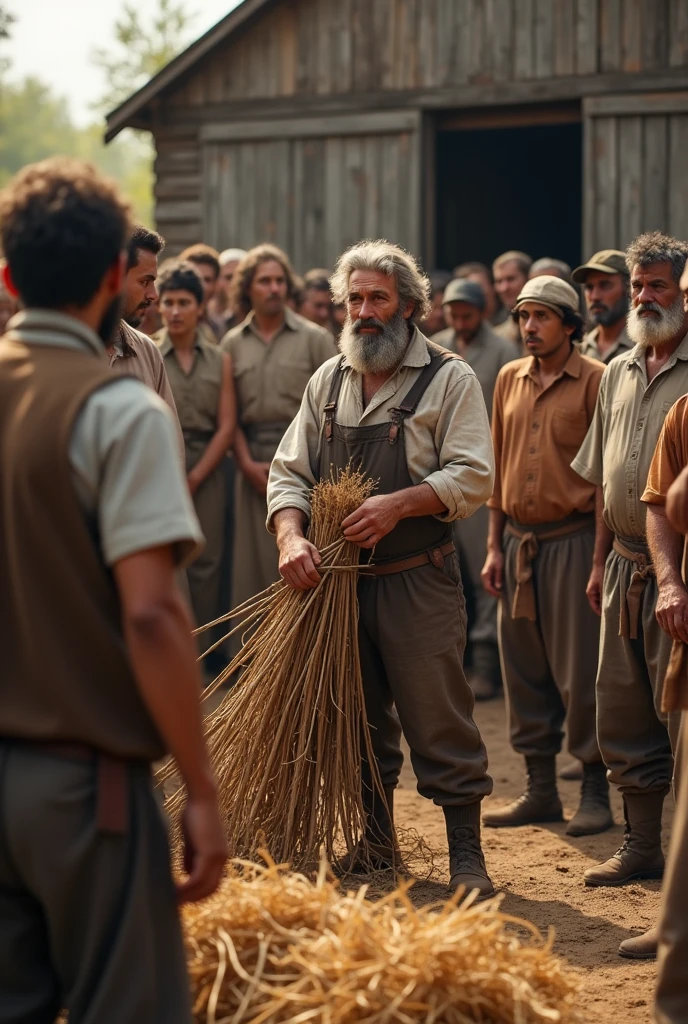Give me a picture on the screen Then the farmer said, "Now, untie the bundle and take one stick each."