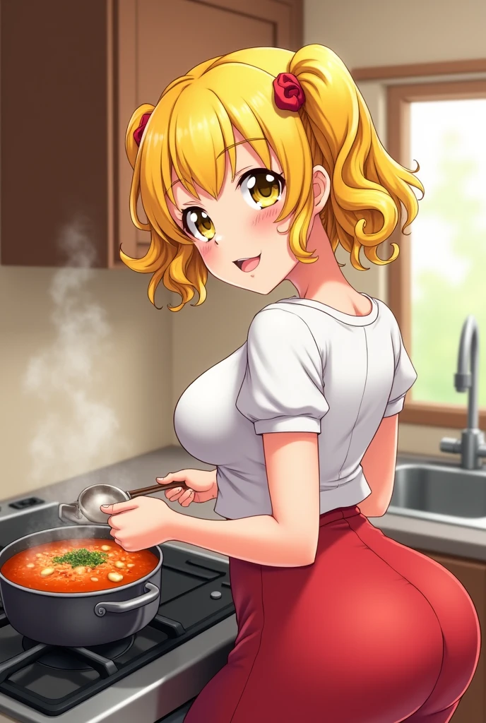anime girl with big breasts yellow hair tied on both sides curls that touch her shoulders and is wearing a white dress on top and red on the bottom yellow eyes and is cooking soup with a big butt and big breasts she is small